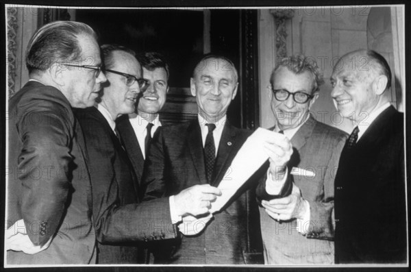 Senators Thomas Kuchel, Philip Hart, Edward Kennedy, Mike Mansfield, Everett Dirksen and Jacob Javits During Voting Rights Bill Passage, 1965