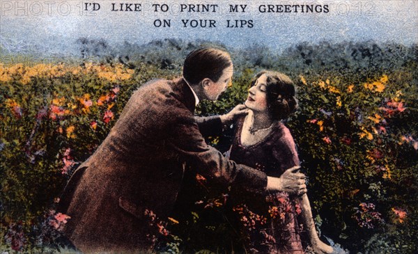 Man and Woman in Field of Flowers, I'd Like to Print my Greeting on Your Lips, Postcard, circa 1914