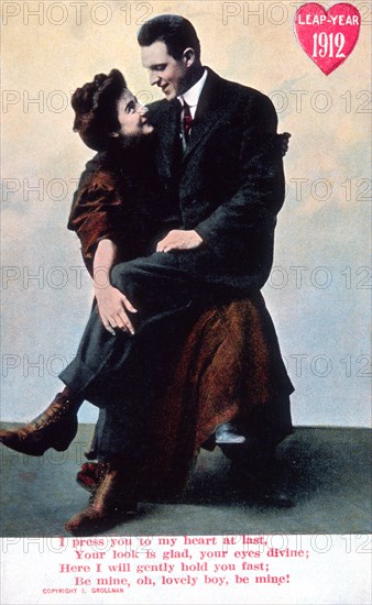 Man Seated on Woman's Lap, Leap Year, Postcard, circa 1912