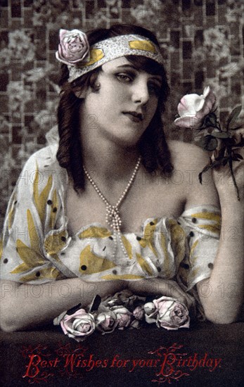 Woman with Roses, Birthday Greeting Card, circa 1910