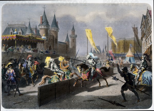 Henry II is Mortally Wounded by Montgomery, Tournament in Paris, France, Hand-Colored Engraving, June 25, 1559