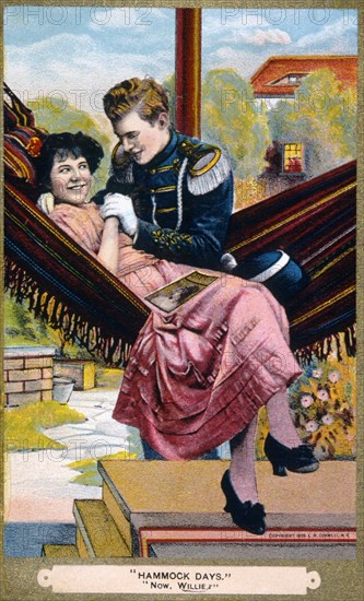 Couple Seated in Hammock, Hammock Days, Trade Card, circa 1909