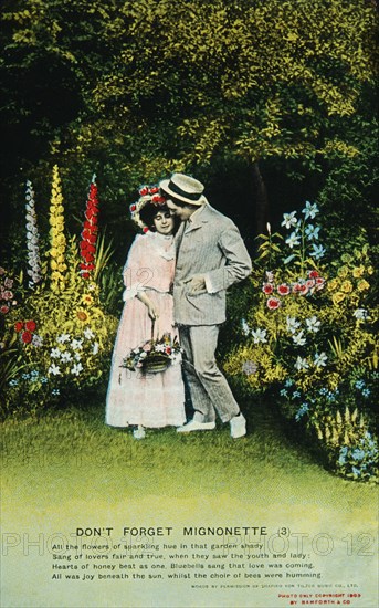 Romantic Couple Standing in Garden, Postcard, 1909