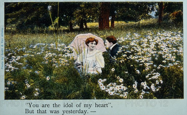 Couple Seated in Meadow of Wild Flowers, Postcard, 1909