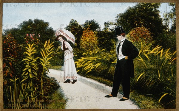 Couple Walking in Park, Postcard, 1910