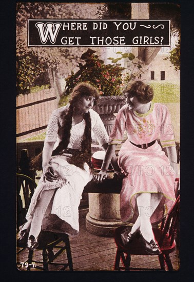 Two Women Seated on Table, "Where Did you get Those Girls?"' Hand-Colored Postcard, circa 1916
