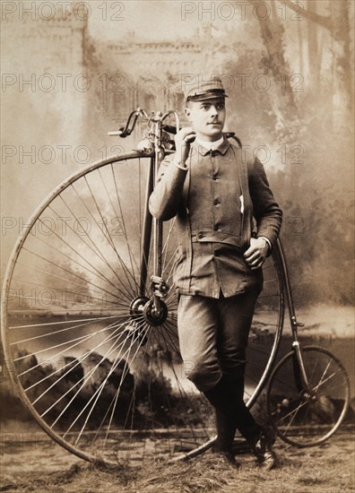 Man with High Wheel Bicycle, Albumen Photograph, circa 1898