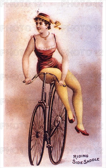 Woman Riding Bicycle Side Saddle, "Riding Side Saddle", The American Tobacco Company Trade Card, 1895