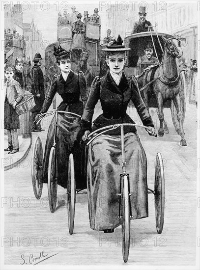 Women Riding Three Wheel Cycles in City Traffic, Engraving, 1880