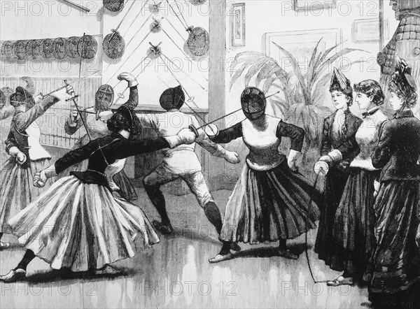 Women's Fencing Class, Engraving, 19th Century