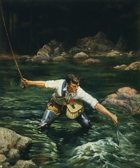 Man Fishing, "Landing the Trout", The Literary Digest, Lithograph, June 10, 1922