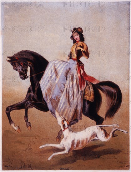 Woman Riding Side Saddle, Hand Colored Engraving, circa 1870