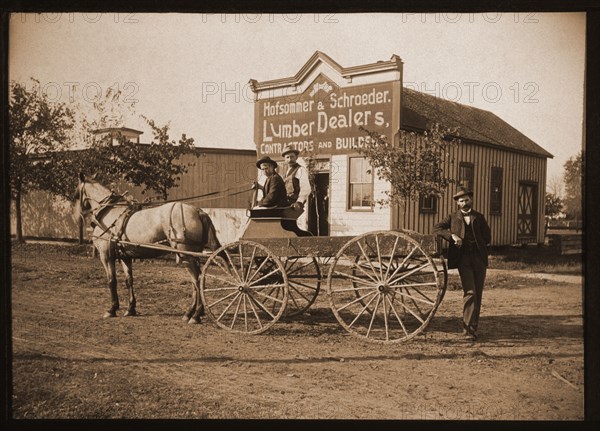 Horse and Buggy and Men in Front of a Lumber Store, 1900