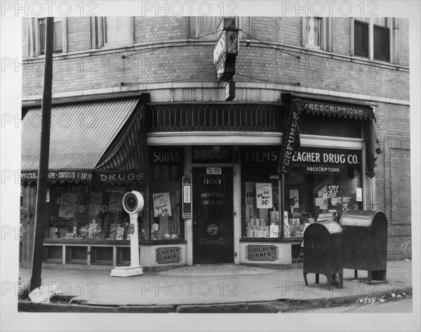 Drug Store Exterior on Street Corner, 1925