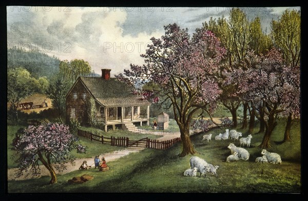 American Homestead, Spring, Currier & Ives, Lithograph, 1869