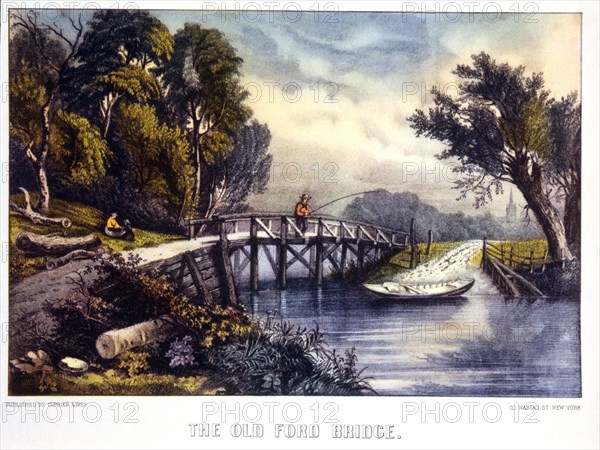 Old Ford Bridge, Currier & Ives, Lithograph