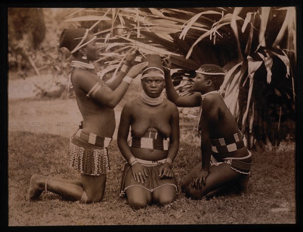 Preparing Headdress of Recently-Betrothed Zulu Woman, South Africa, circa 1890