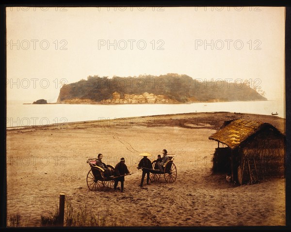 Two Rickshaws on Beach With View of Enoshima, Japan, circa 1880