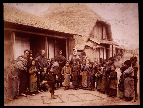 Children Playing Hopscotch, Japan, Hand-Colored Albumen Photograph