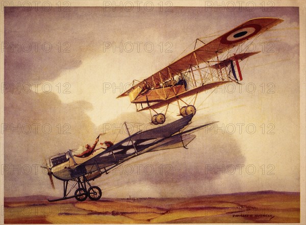 French Farman Bi-Plane's Gunner Fires Rifle at German Rumpler Taube Whose Gunner Returns Fire With Pistol, circa 1915