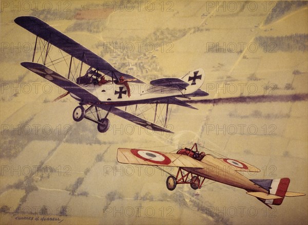 French Morane Monoplane Attacking German Aviatik Bi-Plane, circa 1915