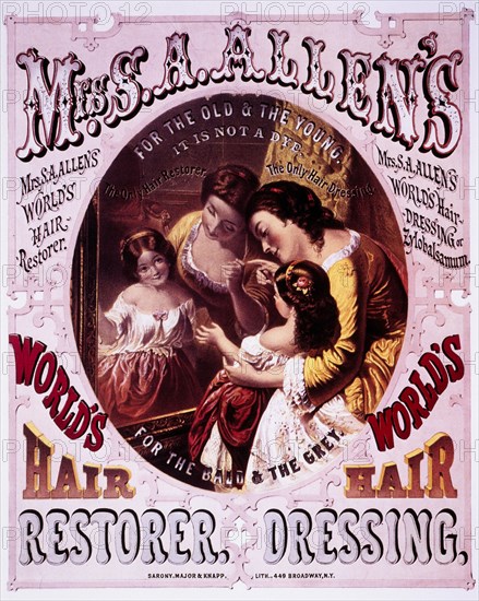 Mother and Daughter Portrait, Mrs. A. Allen's World's Hair Restorer, Hair Dressing, Trade Card, 1860