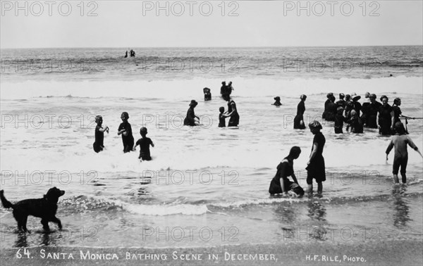 Group of People Wading in Pacific Ocean, Santa Monica, California, USA, circa 1890