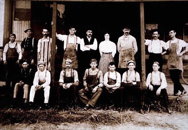 Group of Workers and Woman in Front of Building, Portrait, circa 1890