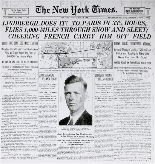 New York Times Front Page, Lindbergh Does It!, May 22, 1927