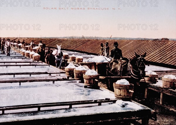 Salt Sheds and Solar Evaporation Method, Salt Industry, Syracuse, New York, USA, Hand-Colored Photograph, circa 1908