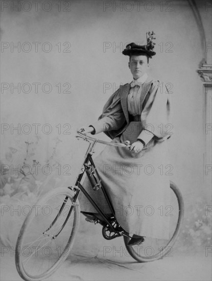 Woman on Bicycle, Studio Portrait, Wells River, Vermont, USA, circa 1890