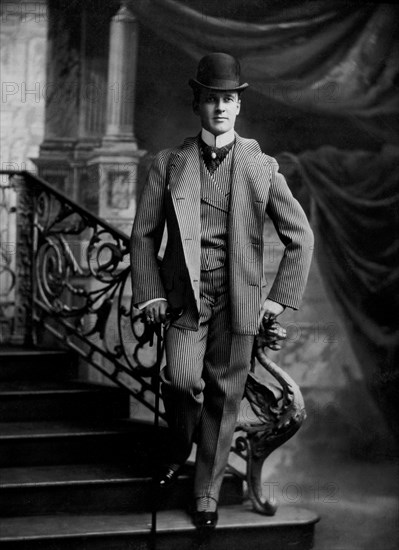 Dapper Man in Bowler Hat With Cane, Portrait, circa 1900