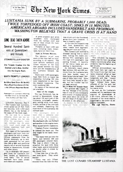 Sinking of Lusitania by German Submarine, New York Times Front Page, May 8, 1915