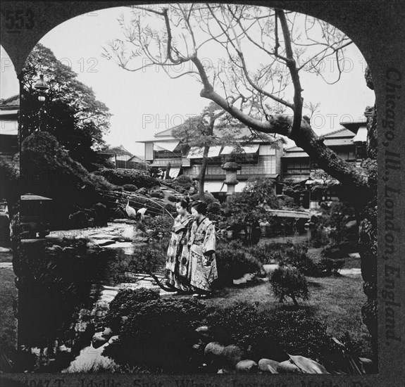 Two Women Walking in Marvyasu-ro Gardens, Tokyo, Japan, Single Image of Stereo Card, circa 1905