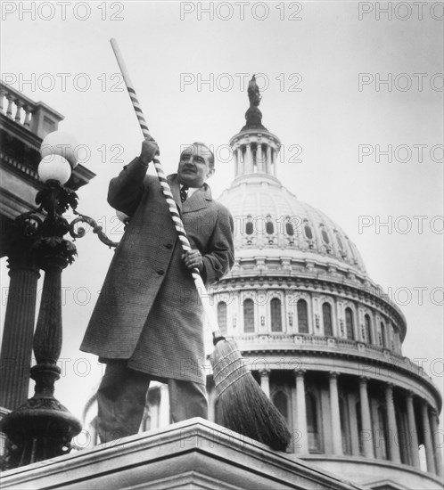 U.S. Senator Joseph McCarthy (1908-1957) in front of U.S. Capitol, Washington D.C., Poised to Sweep Communists out of Government, 1954