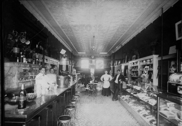 Drug Store Interior, Soda Fountain at Left, circa 1900