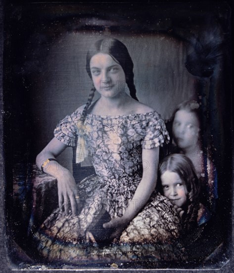 Young Woman With Two Children, Portrait, Daguerreotype, circa 1850's