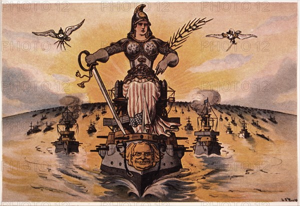 "Peace", Great White Fleet Carrying the Figure of Peace and Featuring President Theodore Roosevelt, Political Cartoon, Puck Magazine, 1905