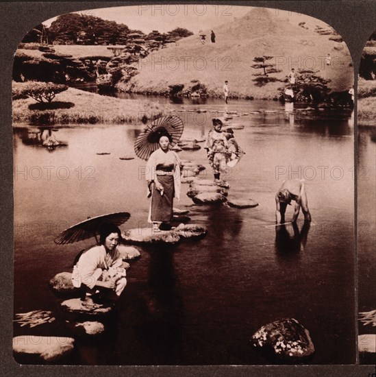 Women Crossing Lake on Stepping Stones, Suizenji Park, Kumamoto, Japan, Single Image of Stereo Card, 1904