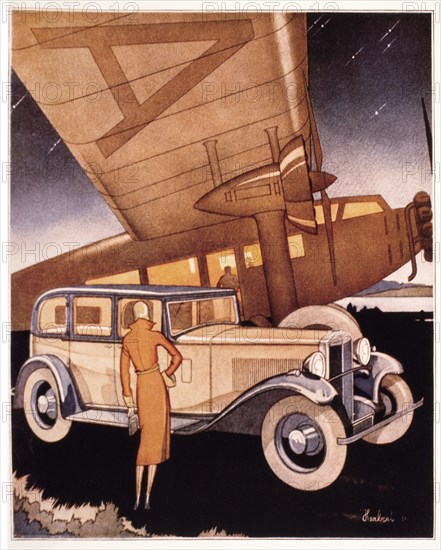 Woman Standing Next to Car and Airplane, Hillman Wizard Automobile Advertisement, 1931