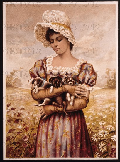 Young Woman in White Bonnet Holding Puppies, Lithograph, circa 1891