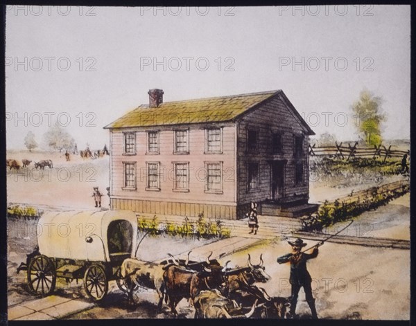 First Public School in Chicago, Illinois, USA, Hand-Colored Lantern Slide, circa 1844