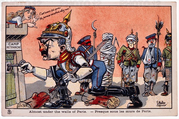 World War I French Satirical Card, Almost Under the Walls of Paris, circa 1918