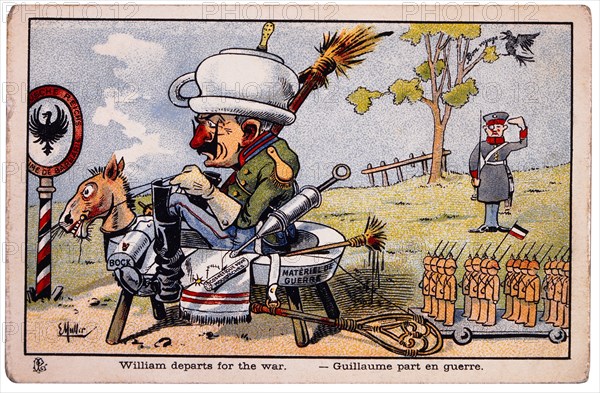 World War I French Satirical Card, William Departs for the War, circa 1918