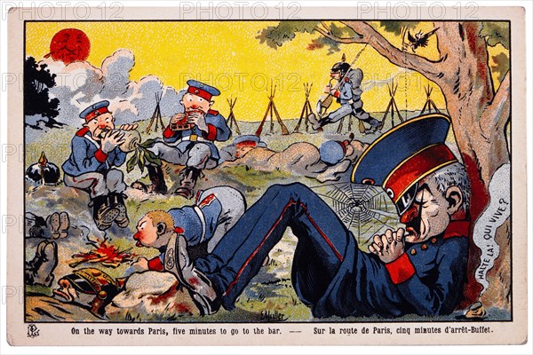 World War I French Satirical Card, On the way Towards Paris - Five Minutes to go to the Bar, circa 1918