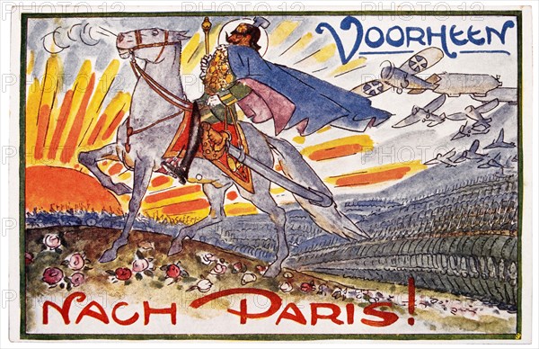 World War I Dutch Postcard Depicting Kaiser Wilhelm's Assault on Paris, Nach Paris, circa 1914