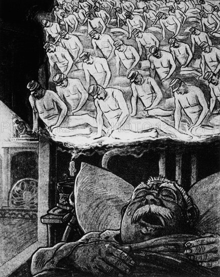 World War I German Cartoon in Die Lustige Blatter, Berlin, Germany, General Joffre's Dream of French Battlefield Losses, circa 1915