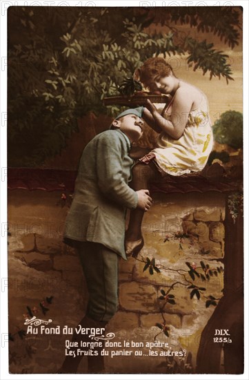 World War I French Poster, A French Soldier and his Sweetheart, Au Fond du Verger, circa 1914
