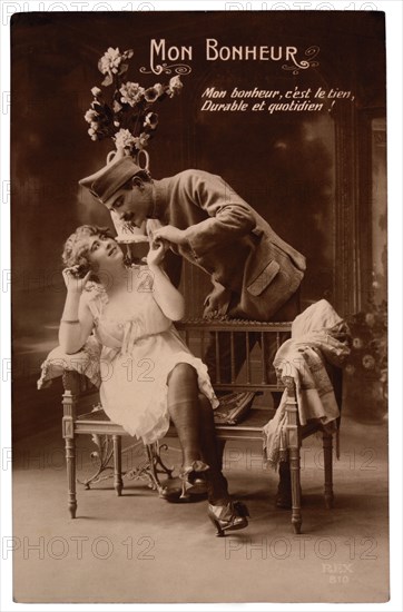 World War I French Poster, A French Soldier and his Sweetheart, Mon Bonheur, circa 1914