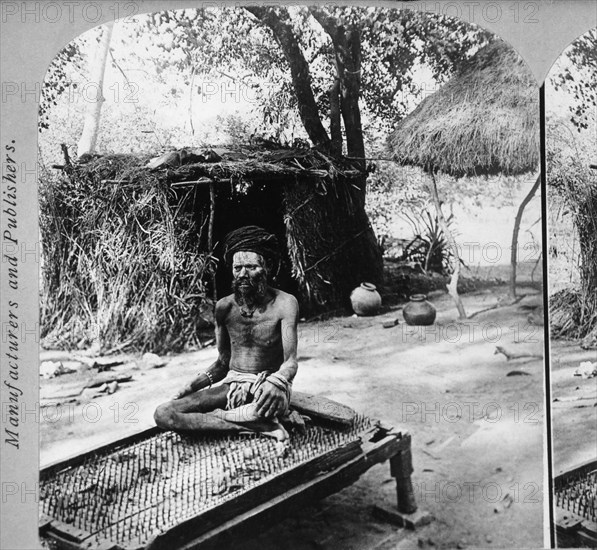 Hindu Fakir Sitting on Bed of Needles, India, Single Image of Stereo Card, circa 1901